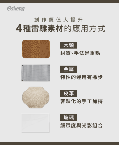 雷雕材質的選擇有哪些關鍵要注意?提高創作價值的4種方式 4 kinds of application methods of laser carving materials